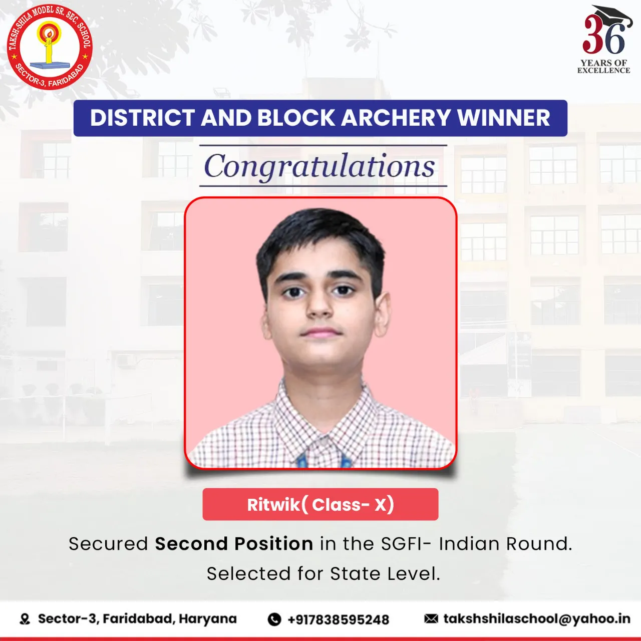 Sports honour The Taksh Shila School student Faridabad